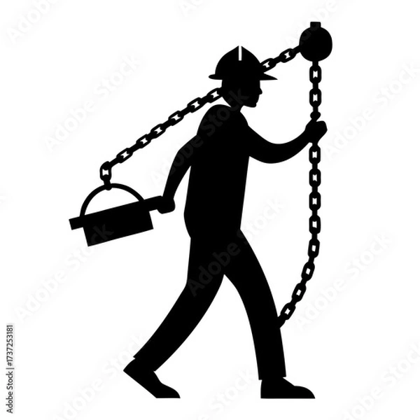 Fototapeta Silhouette of a person carrying a heavy burden on a chain