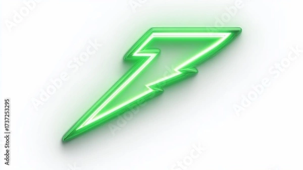Fototapeta Green neon lightning bolt illuminated on white backdrop; used for energy concepts