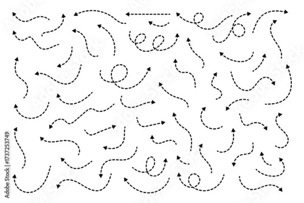 Fototapeta Hand drawn dot arrow vector set. Hand drawn line doodle arrow, curve arrow icon vector set. Vector illustration. Hand drawn dotted arrows set. Sketch curved dashed arrows design.