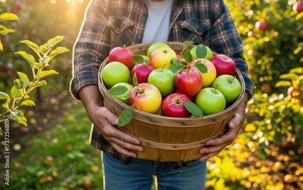 Fototapeta Harvest Bounty: A close-up shot of a farmer holding a brimming basket of ripe, colorful apples, basking in the golden sunlight.