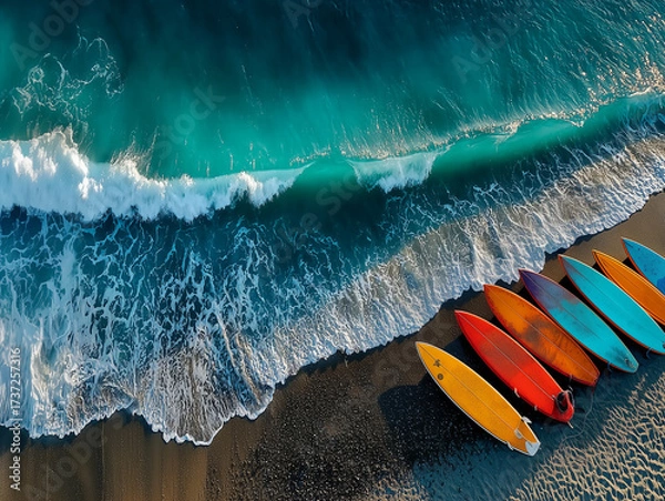 Obraz Aerial view of surfers with colorful boards on beach - Blue ocean waves with white foam in natural light HD photography for travel and sports ads
