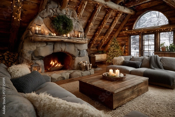 Obraz Cozy Christmas living room in log cabin – Wooden fireplace with wreaths and candles, snowy window view and decorated tree for holiday designs
