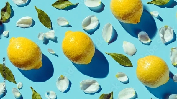 Fototapeta Top view geometric pattern of lemons and petals on bright azure background, modern artistic minimal summer design for stock use