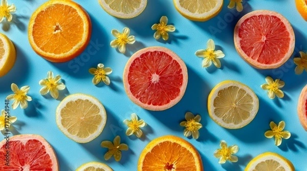 Fototapeta Top-down colorful food pattern with lemon, grapefruit, and orange slices mixed with yellow flower blossoms, minimal summer vibe
