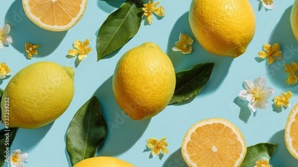Fototapeta Vibrant citrus fruit pattern with yellow floral accents on pastel background, minimal modern flat lay photography, cheerful summer mood