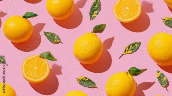 Fototapeta Vibrant citrus fruit pattern with yellow floral accents on pastel background, minimal modern flat lay photography, cheerful summer mood