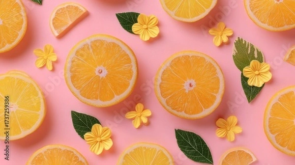 Fototapeta Vibrant citrus fruit pattern with yellow floral accents on pastel background, minimal modern flat lay photography, cheerful summer mood