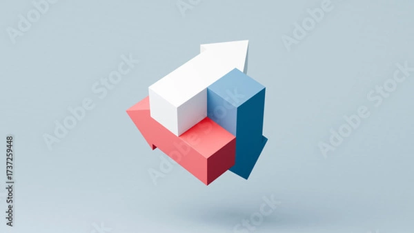 Fototapeta Three overlapping arrows pointing in different directions, business strategy and decision making, 3d render
