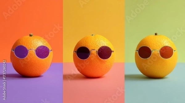Fototapeta Vibrant citrus oranges wearing funky sunglasses on gradient pastel backgrounds, cheerful minimal playful stock design
