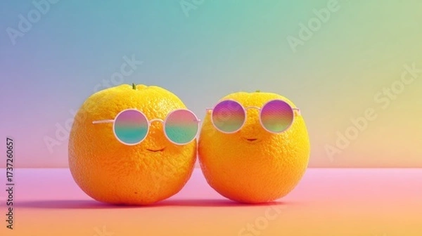 Fototapeta Vibrant citrus oranges wearing funky sunglasses on gradient pastel backgrounds, cheerful minimal playful stock design