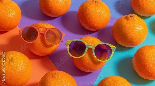 Fototapeta Vibrant orange fruits styled with funky sunglasses, arranged on bright gradient background, playful summer stock photo flat lay
