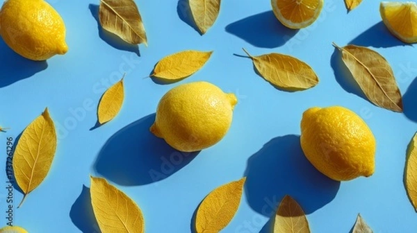 Fototapeta Vivid citrus summer composition of lemons and scattered yellow petals, artistic flat lay on bright blue backdrop, modern minimal stock photo