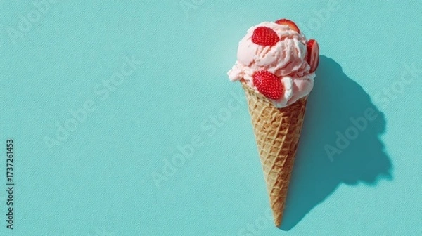 Fototapeta Waffle cone filled with strawberry ice cream on pastel turquoise background, minimal soft light, playful summer dessert photography