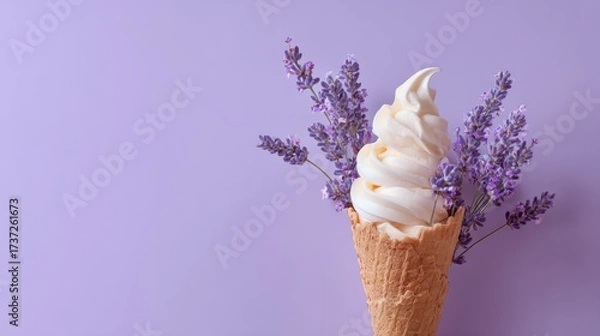 Fototapeta Waffle cone with soft serve ice cream on pastel lavender background, simple minimal composition, sweet summer vibe stock photo