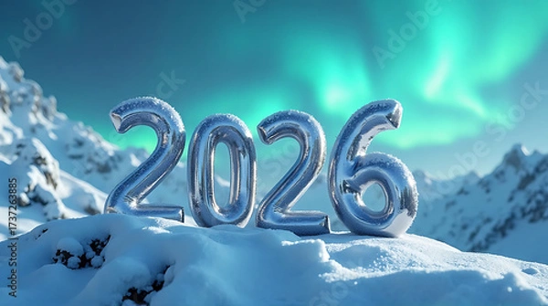 Fototapeta Shiny silver balloons spelling out "2026" sit atop a snowy mountain peak under a vibrant aurora borealis sky.