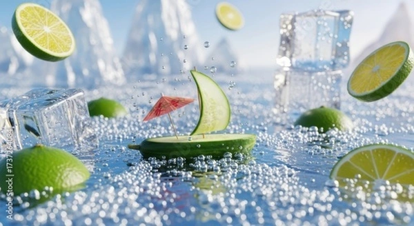 Fototapeta Cucumber Boat Sailing on a Sparkling Sea of Citrus and Ice