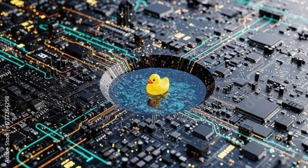 Fototapeta Rubber ducky floating in a digital pool on a computer motherboard