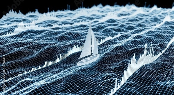 Fototapeta Navigating Market Trends: Sailboat on Data Wave Chart