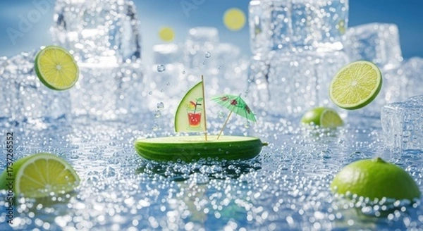 Fototapeta Refreshing Summer Cocktail Concept: Cucumber Boat with Lime Accents and Ice