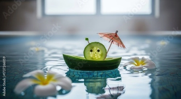 Fototapeta Cucumber Boat Sailing in a Pool with Frangipani Flowers