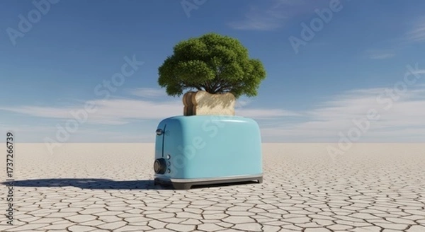 Fototapeta Surreal Desert Scene: Tree Growing from Toaster with Bread