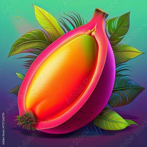 Fototapeta Vibrant Fruit in Botanical Splendor: A captivating cross-section of a tropical fruit is revealed, with its vivid core and outer shell set against a backdrop of lush foliage. 