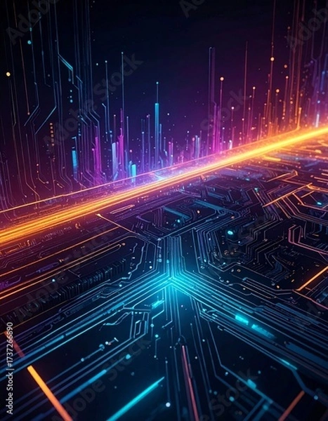 Fototapeta Cybernetic Vista: An abstract view of intricate circuit boards and flowing data streams evokes the complexities of advanced technology, with a dynamic play of light and vibrant color gradients.