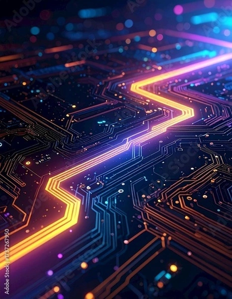 Fototapeta Illuminated Circuit Board: An intricate network of circuits glows with electric energy, displaying a digital world of modern technology.