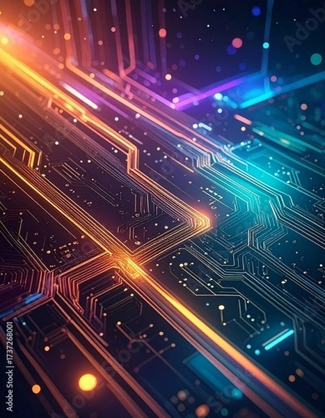 Fototapeta Digital Circuitry's Symphony: A close-up of intricate circuit board patterns, rendered in vivid hues, representing the cutting edge of digital design and technological advancement.