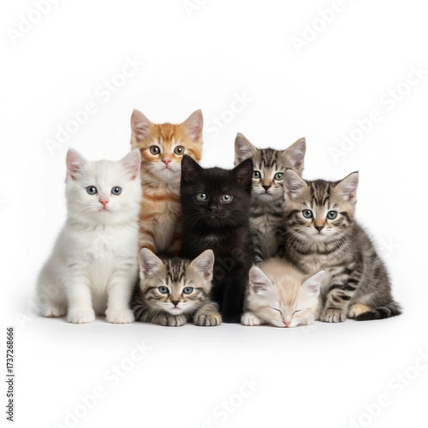 Obraz AI-Generated, Kittens Collective: A captivating portrait of an assortment of adorable kittens, each with distinct fur patterns, huddled together.