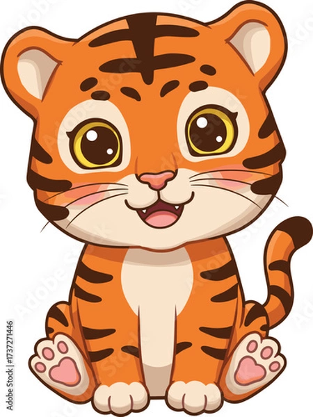 Obraz Cartoon baby tiger illustration, cute orange cub with black stripes, big eyes, sitting pose, children’s character, vector animal drawing