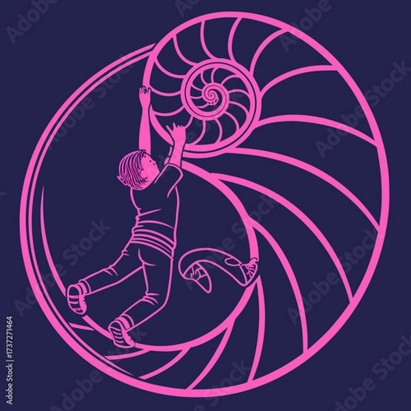 Fototapeta Vector art of a child reaches for the center of a nautilus shell, symbolizing the pursuit of inner peace and selfdiscovery, set against a dark blue backdrop, evoking a sense of wonder and exploration