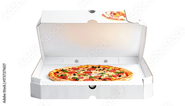 Fototapeta beautiful colorful opened pizza carton box with pizza design on it with folded edge isolated on transparent backgroud.