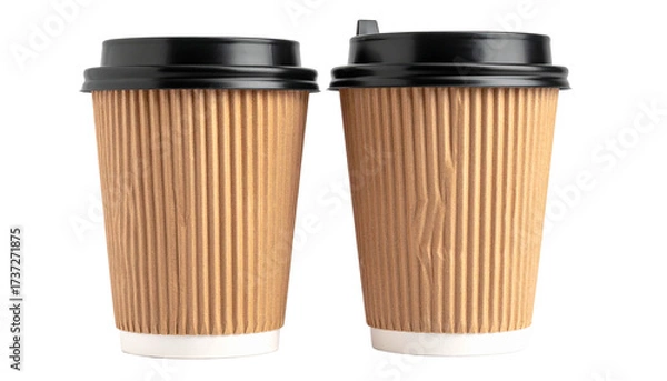 Fototapeta Firefly_Pair of brown ripple paper takeaway coffee cups with black lids, front view, isolated on transparent background