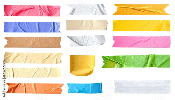Fototapeta  colorful 3D adhesive tape pieces, including torn strips of masking and duct, isolated on transparent background.