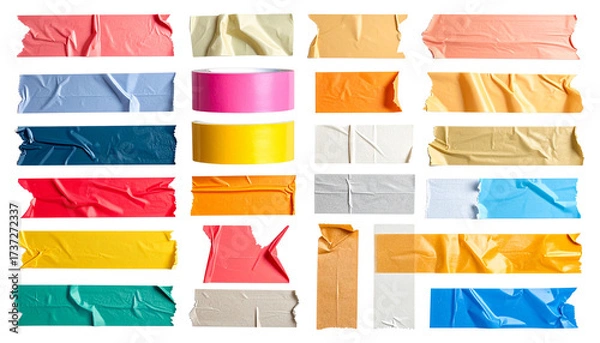 Fototapeta Set of colorful 3D adhesive tape pieces, including torn strips of masking and duct, isolated on transparent background.