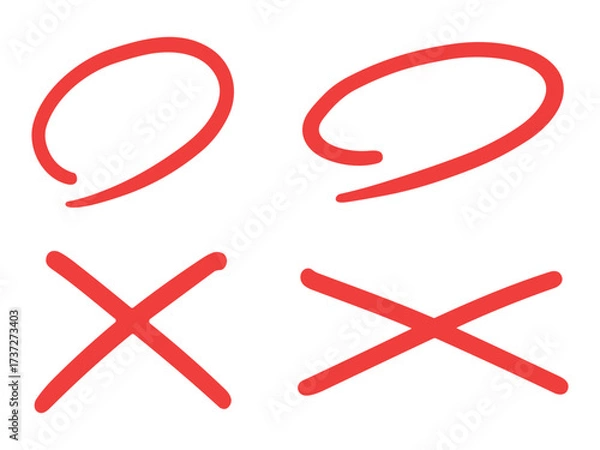 Obraz 丸付けに使う赤い丸と赤いバツの手書きのベクター素材