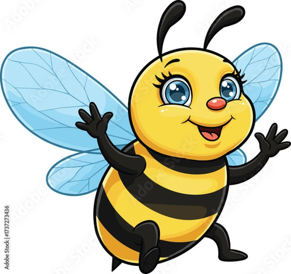 Obraz Cartoon bee flying, cheerful insect character, yellow body with blue wings, children’s vector illustration, playful bug design for education