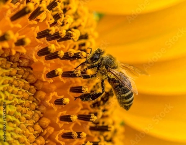 Fototapeta Honeybee on Sunflower, Close-up, Nature, Pollination.