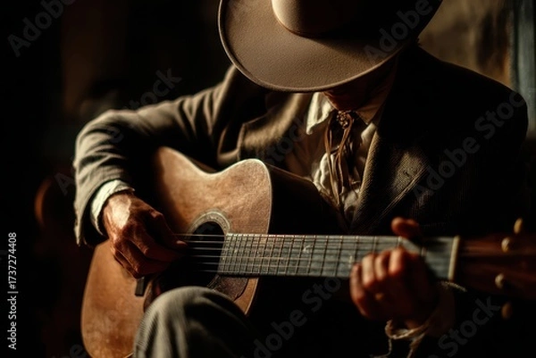Obraz Cowboy Playing Acoustic Guitar in Rustic Style