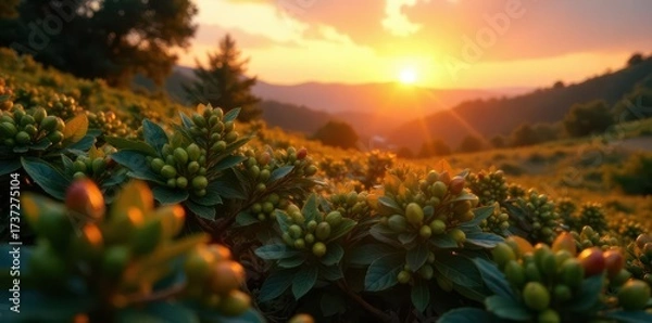 Obraz Coffee bushes illuminated by setting sun, vibrant hues , green, vibrant