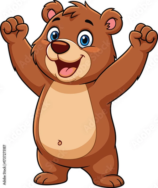 Obraz Cartoon brown bear with raised arms, joyful expression, blue eyes, beige belly, isolated vector illustration for kids and mascot use