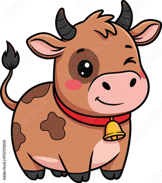 Obraz Cartoon cow with brown patches, winking eye, red collar and bell, cute expression, isolated vector illustration for kids content