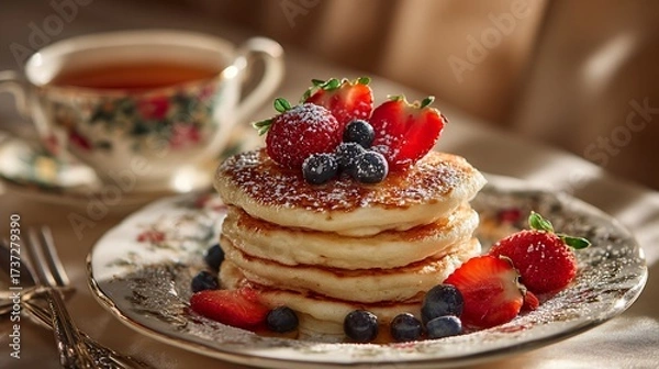 Fototapeta Stacked pancakes with berries on a floral plate in a sunny room with tea, for breakfast or a cafe