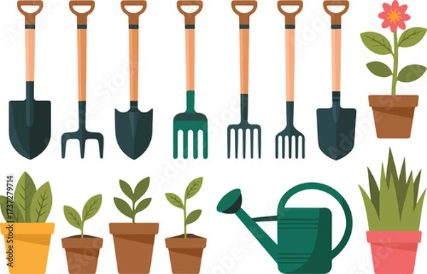 Obraz Collection of gardening tools and potted plants flat design shovel
