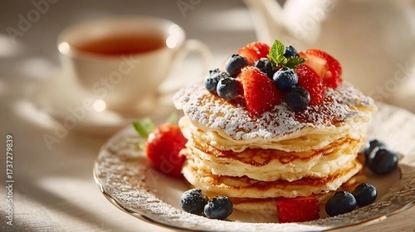 Fototapeta Stack of fluffy pancakes with berries, tea, & mint, dusted with sugar