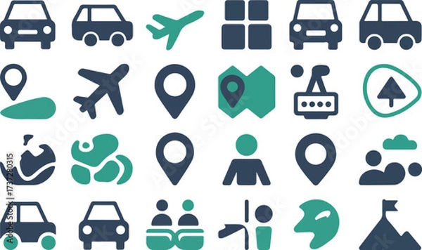 Obraz Collection of travel and navigation icons in blue and green airplane