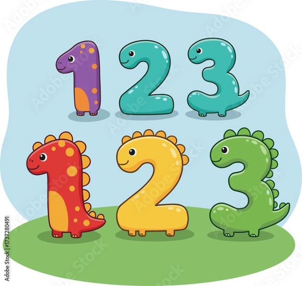 Obraz Cartoon dinosaur numbers for kids, colorful educational digits, playful prehistoric style, fun learning design, isolated cute numeric characters illustration