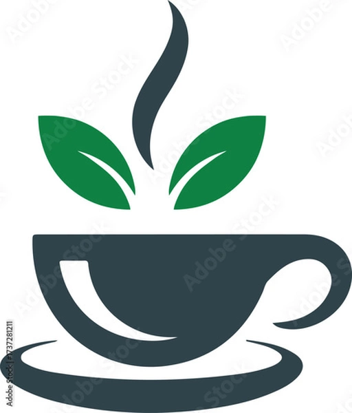 Obraz Dark blue cup with green leaves and steam on white background saucer coffee
