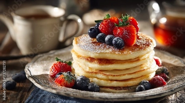 Fototapeta Stacked pancakes topped with berries on a rustic plate, tea pot in background